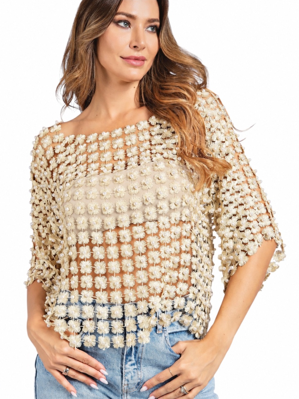 New Rivir Penelope Gold Flower Floral Daisy White Pearl Beaded Crochet Knit Top